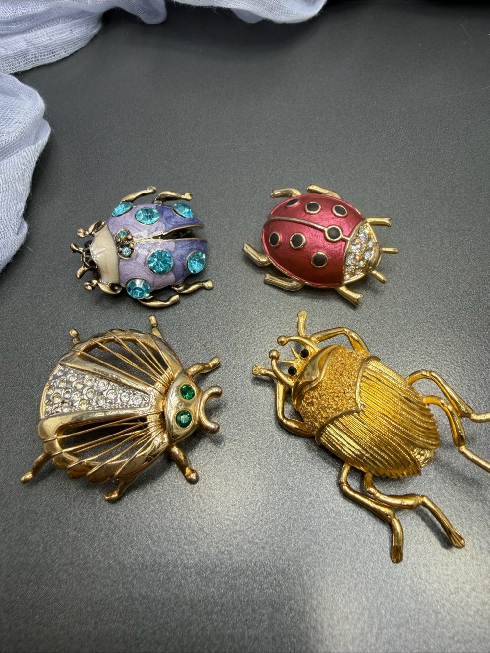 Vintage Beetle Brooch Set - Gold, Red, Purple, Teal Accents